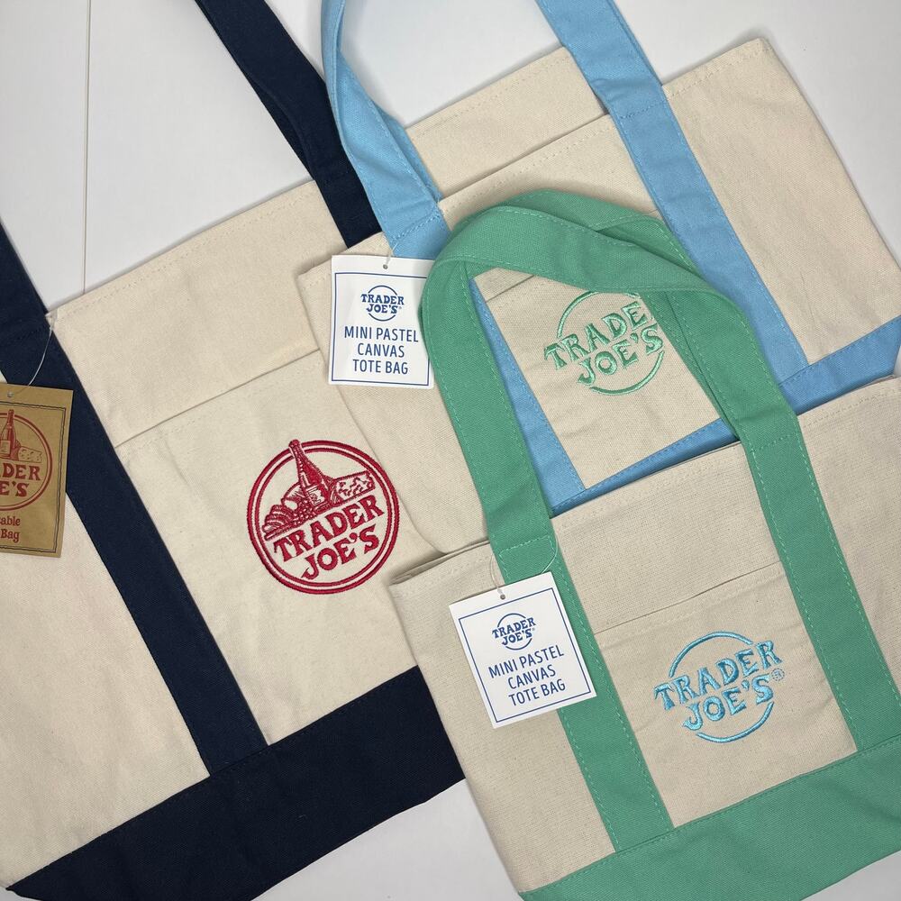 Set of 3! — Trader Joe’s Canvas Tote Bags — Large Size NAVY BLUE + Mini PASTELS!